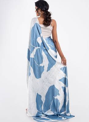 Aqua blue original japan satin saree with digital print blouse 2