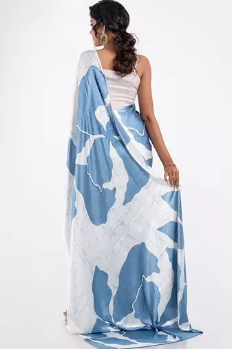 Aqua blue original japan satin saree with digital print blouse