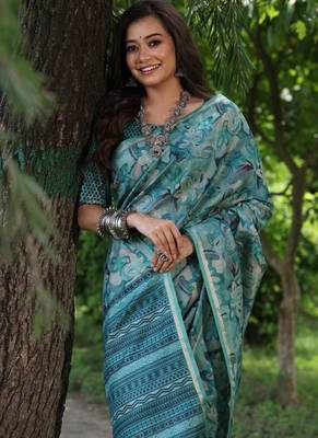 Sky blue color tussar silk blend unique print zari weaving border saree 3