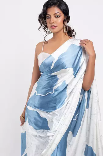 Aqua blue original japan satin saree with digital print blouse