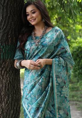 Sky blue color tussar silk blend unique print zari weaving border saree 4