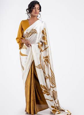 Mustard original japan satin saree with digital print blouse 1