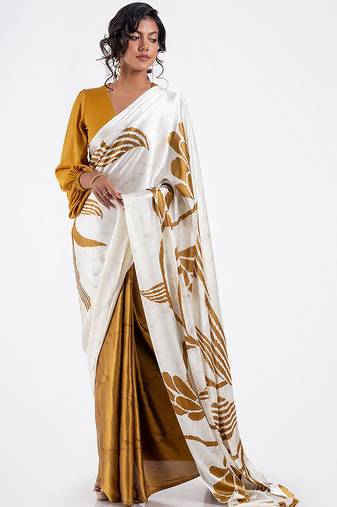 Mustard original japan devsena satin saree japan satin digital print blouse
