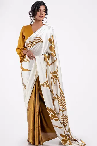Mustard original japan devsena satin saree japan satin digital print blouse