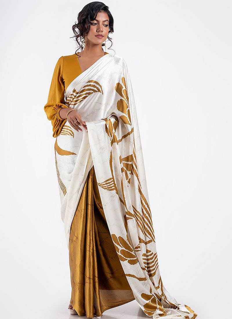 Mustard original japan devsena satin saree japan satin digital print blouse