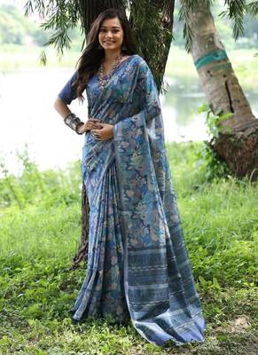 Blue color tussar silk blend unique print zari weaving border saree 1