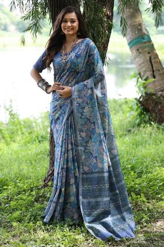 Blue color tussar silk unique print zari weaving border saree