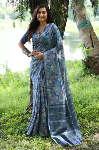 Blue color tussar silk unique print zari weaving border saree