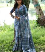 Blue color tussar silk blend unique print zari weaving border saree