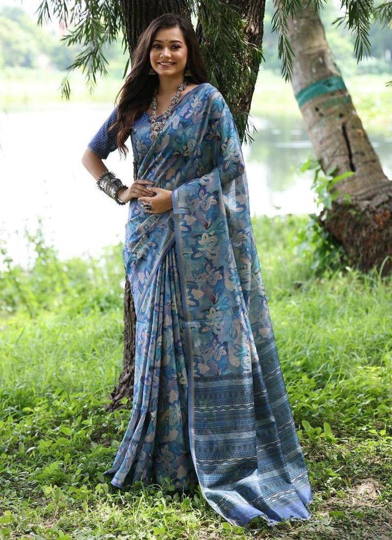 Blue color tussar silk unique print zari weaving border saree