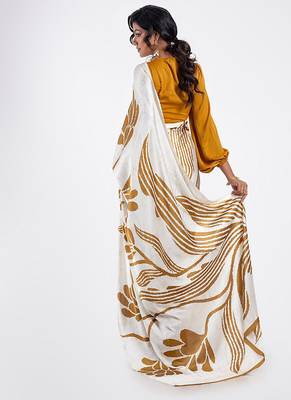 Mustard original japan satin saree with digital print blouse 2