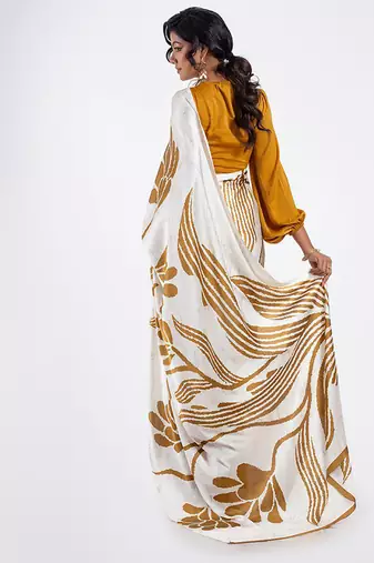 Mustard original japan satin saree with digital print blouse