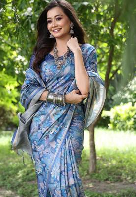 Blue color tussar silk blend unique print zari weaving border saree 2