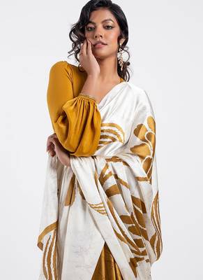Mustard original japan satin saree with digital print blouse 3
