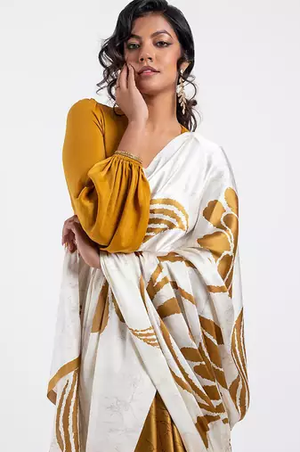 Mustard original japan satin saree with digital print blouse