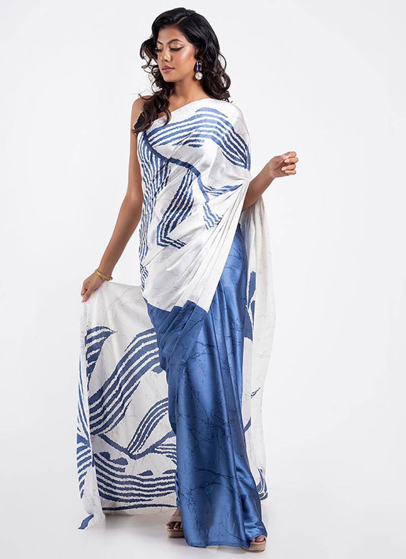 Aqua blue original japan devsena satin saree japan satin digital print blouse