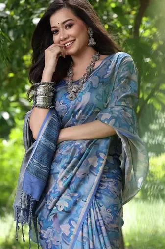 Blue color tussar silk blend unique print zari weaving border saree