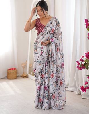 white silk blend digital printed saree with swarovski diamond work & blouse piece 5