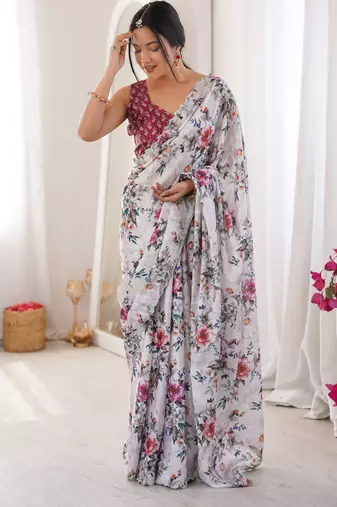 white silk blend digital printed saree with swarovski diamond work & blouse piece