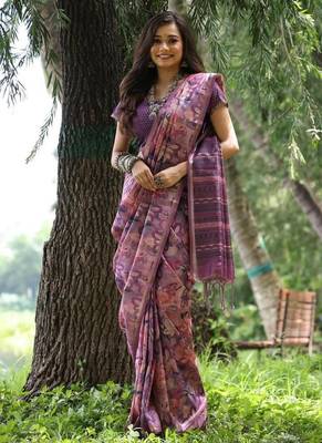 Purple color tussar silk blend unique print zari weaving border saree 1
