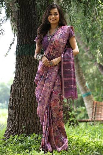 Purple color tussar silk unique print zari weaving border saree