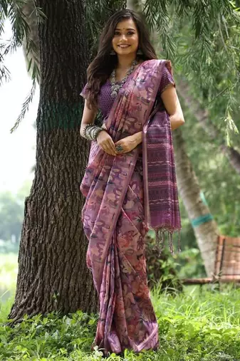 Purple color tussar silk unique print zari weaving border saree