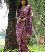 Purple color tussar silk blend unique print zari weaving border saree