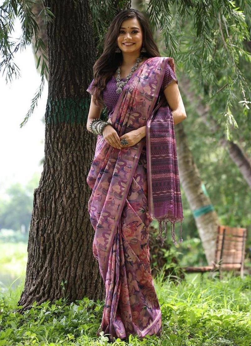 Purple color tussar silk unique print zari weaving border saree