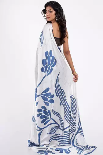 Aqua blue original japan satin saree with digital print blouse