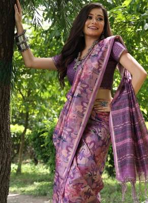 Purple color tussar silk blend unique print zari weaving border saree 2