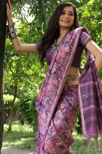 Purple color tussar silk blend unique print zari weaving border saree