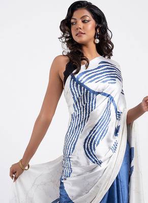 Aqua blue original japan satin saree with digital print blouse 3
