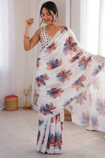 white silk blend digital printed saree with swarovski diamond work & blouse piece