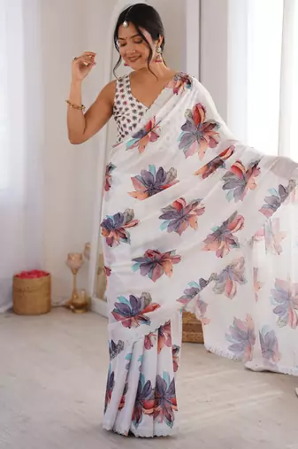 white silk blend digital printed saree with swarovski diamond work & blouse piece