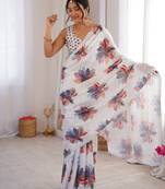 white silk blend digital printed saree with swarovski diamond work & blouse piece
