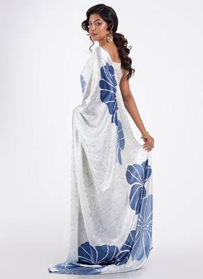 White original japan satin saree with digital print blouse 2