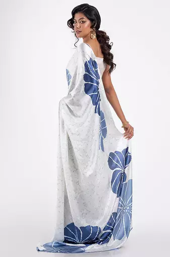 White original japan satin saree with digital print blouse