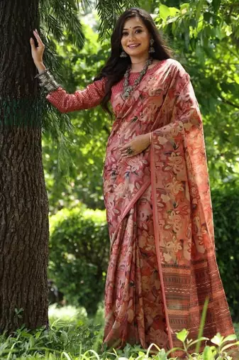 Red color tussar silk unique print zari weaving border saree