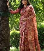 Red color tussar silk blend unique print zari weaving border saree