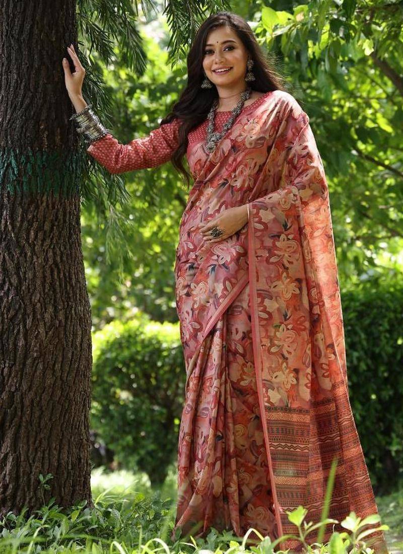 Red color tussar silk unique print zari weaving border saree