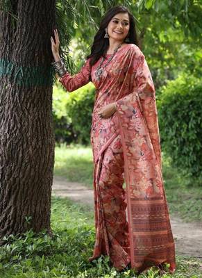 Red color tussar silk blend unique print zari weaving border saree 2