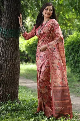 Red color tussar silk blend unique print zari weaving border saree