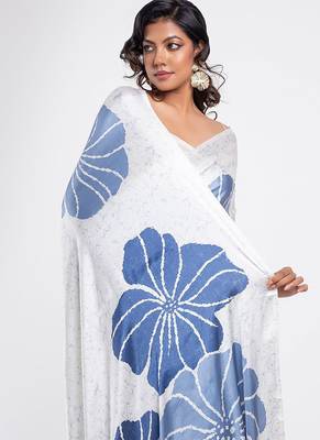 White original japan satin saree with digital print blouse 3