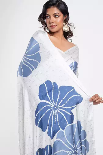 White original japan satin saree with digital print blouse