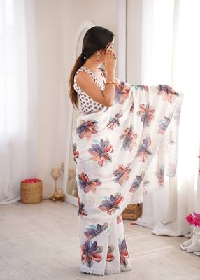 white silk blend digital printed saree with swarovski diamond work & blouse piece 2