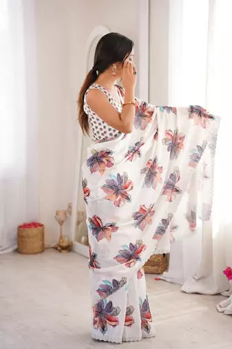 white silk blend digital printed saree with swarovski diamond work & blouse piece