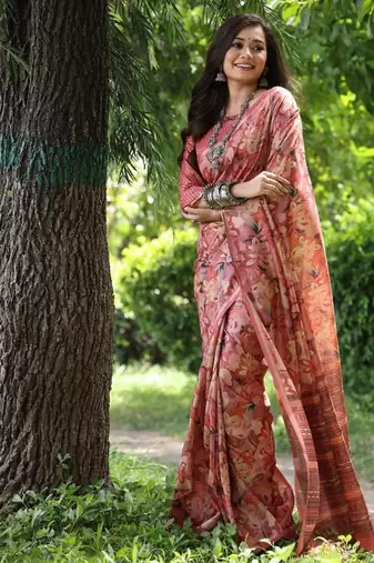 Red color tussar silk blend unique print zari weaving border saree