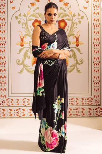 Black original japan satin saree with digital print blouse