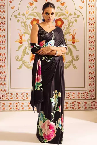 Black original japan satin saree with digital print blouse