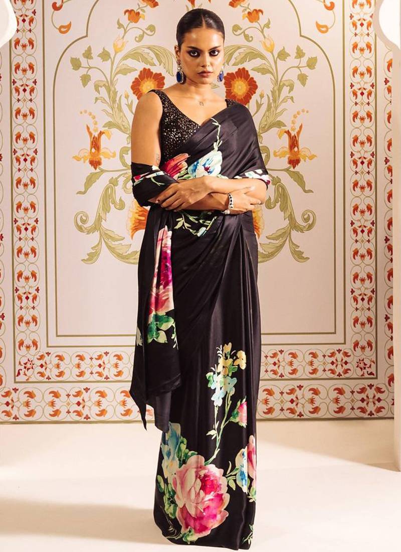 Black original japan devsena satin saree japan satin digital print blouse